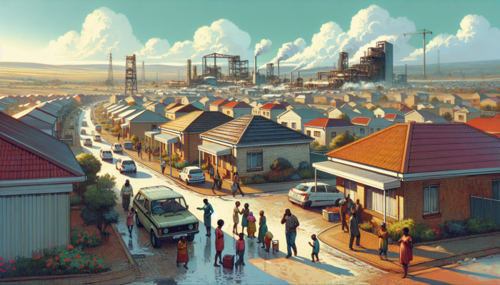 A vibrant Rustenburg street with modern affordable homes near mines, families and buyers exploring under a clear blue sky.