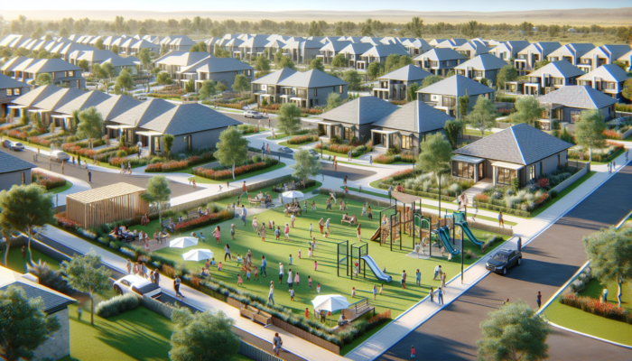 A vibrant South African estate in Upington, with modern affordable homes, families relaxing in sunny community parks.