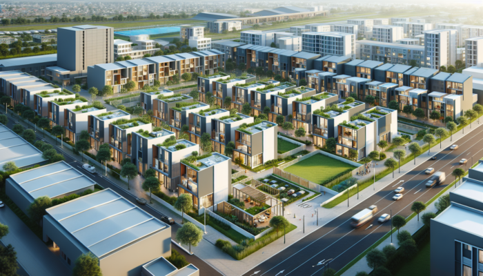 Sunlit affordable housing in Carletonville: compact modern buildings with green courtyards near schools, shops, and parks.