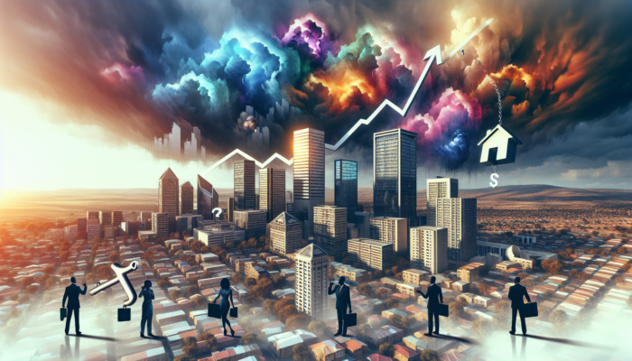 Bloemfontein's bustling skyline shows towering banks, rising interest graphs as storm clouds, and home buyers burdened by oversized keys.