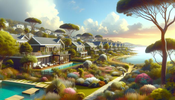 Coastal Secunda estate with affordable small homes, patios, gardens, secure fencing, lush greenery, ocean views, and families unpacking.