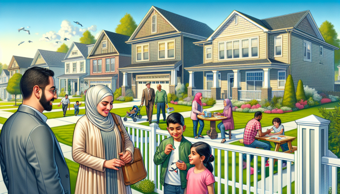 Lively suburban neighborhood: modern homes with manicured lawns, young couple viewing a house, children playing in park, shops and schools under sunny sky.