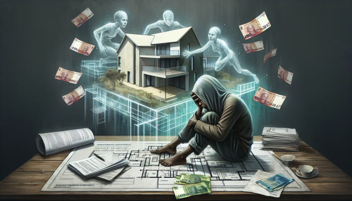 A stressed first-time buyer in Carletonville examines a house blueprint with ghostly hidden fees, surrounded by South African rand and documents.
