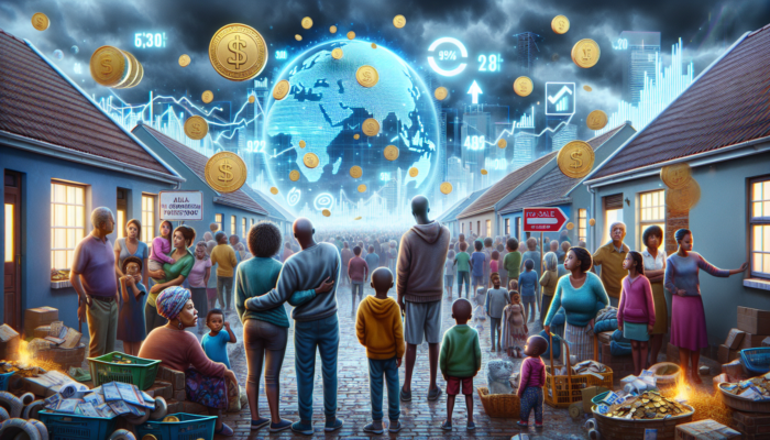 Bustling street in Aliwal North: crowd views holographic graph of rising interest rates and inflation symbols, as worried family eyes for-sale home under stormy sky.