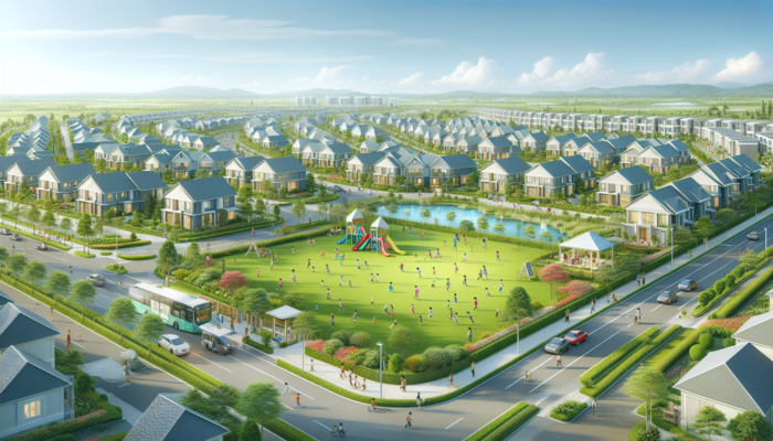 A vibrant mid-market neighborhood with spacious family homes, lush parks, children playing, schools, and bustling shopping centers under a blue sky.