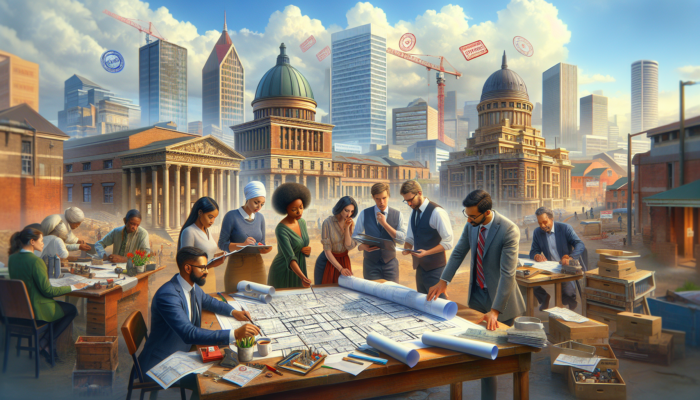 Architects in Johannesburg reviewing renovation blueprints and permits at a construction site, with modern and historical buildings under a vibrant African sky.