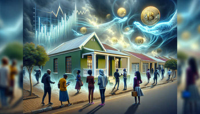 Young homebuyers in Tembisa examine a modest house on a bustling street under stormy skies, with graphs and Reserve Bank emblem symbolizing rising interest rates.