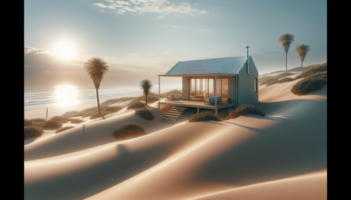 A compact modern coastal home in Centurion, South Africa, with light colors, nestled among dunes, palm trees, and the nearby ocean under a sunny sky.