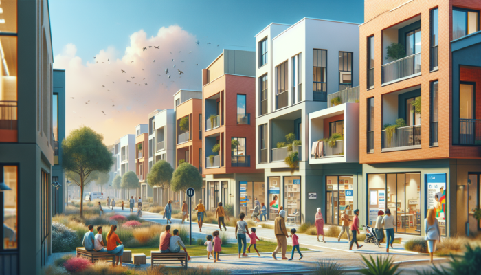 Vibrant street scene in Vryheid Central: modern homes, families walking to schools and shops, children playing in a park, residents chatting outside a clinic.