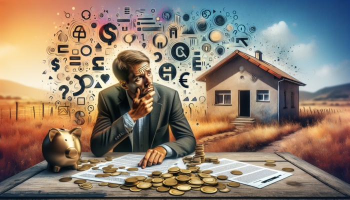 Stressed buyer in Lephalale reviews legal documents and charts at a table with scattered money, modest house in background.