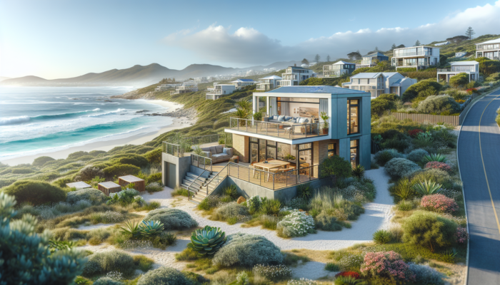A modern coastal flat in Hermanus with ocean views, surrounded by lush greenery, sandy beaches, and a garden under a sunny sky.