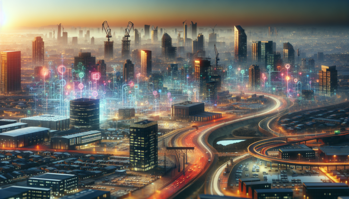 Bustling Rustenburg cityscape at dawn: modern high-rises, winding highways, active mining sites, and construction cranes symbolizing economic growth.