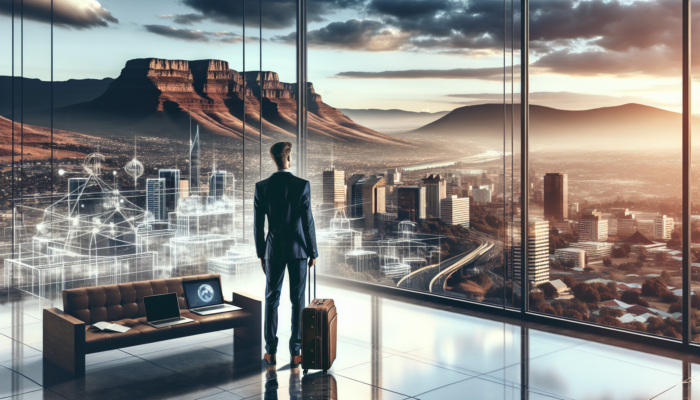 Young professional in modern attire in a stylish Rustenburg apartment, overlooking city skyline and mountains, with suitcase and laptop symbolizing mobility.