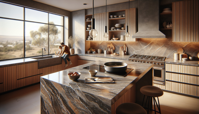 A modern South African kitchen in Welkom with durable granite countertops, grey and black veins, warm wooden cabinets, and family cooking scenes.