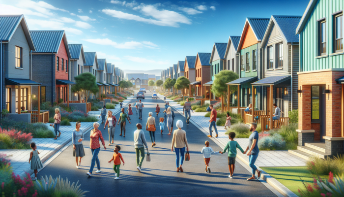 A serene street in Dullstroom, featuring colorful affordable homes, families walking to schools and parks, under a blue sky, with neighbors chatting.