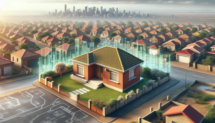 A modest single-story brick house with a tiled roof and small garden in a Vereeniging township near Johannesburg's skyline under a sunny sky.