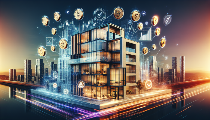 Modern urban building with glass facade against sunset skyline, surrounded by profitability symbols like stock graphs and coins.