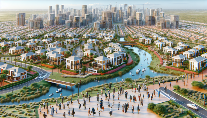 Aerial view of Mahikeng, South Africa, showing modern estates like Mmabatho Palms and Safari Gardens, with families viewing upscale homes and new infrastructure.