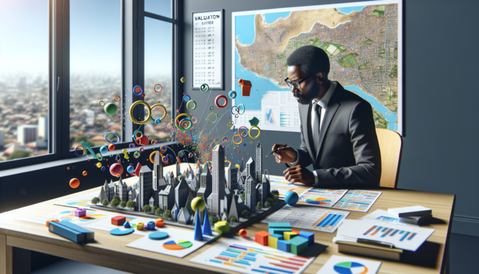A determined South African buyer in a modern office reviews property documents, sales charts, maps, and a city skyline.