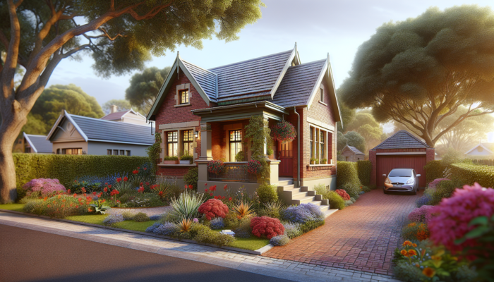 A modest 2-3 bedroom brick house in Vereeniging, South Africa, with a garage, garden, sunny skies, and vibrant flowers.