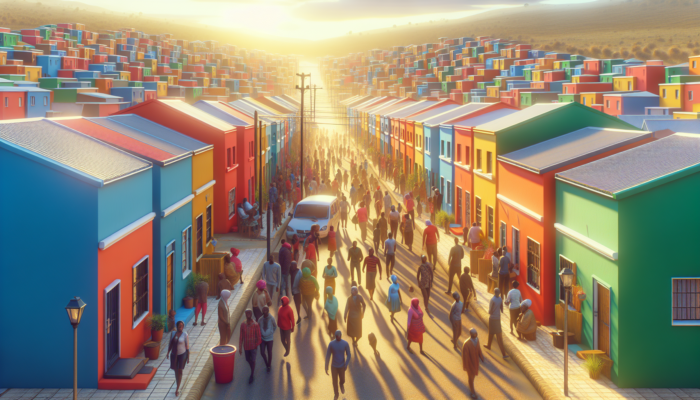 Bustling street in Thohoyandou with colorful entry-level homes under a sunny sky, as diverse first-time buyers tour amid urban migration crowds.
