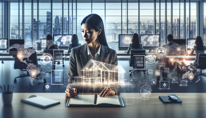 A real estate analyst in a modern office, surrounded by screens showing property listings, graphs, and maps, holding a notepad with city views.