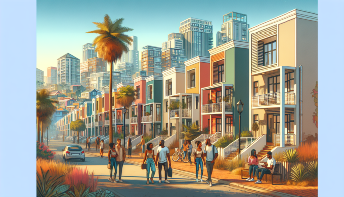 Vibrant Durban street scene with modern apartments, colorful townhouses, smiling families, sunny skyline, and palm trees.
