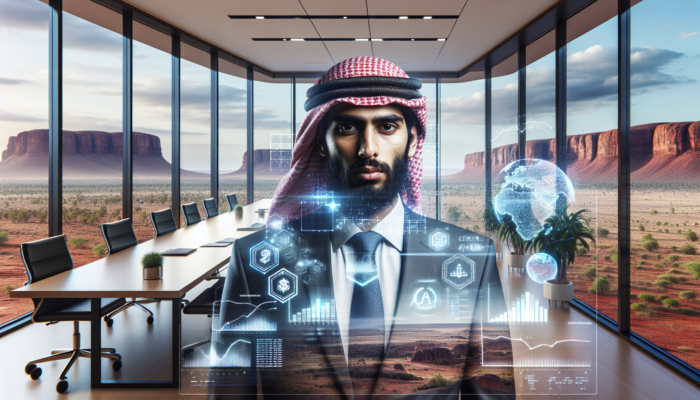 A determined real estate negotiator in a modern office, overlooking the Kimberley landscape, reviews an offer document with market graphs and contingency clauses.