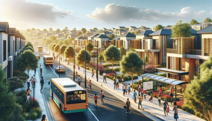 Vibrant Makhanda neighborhood with modern homes near schools, bus stops, and hospital; families strolling tree-lined streets under a sunny sky.