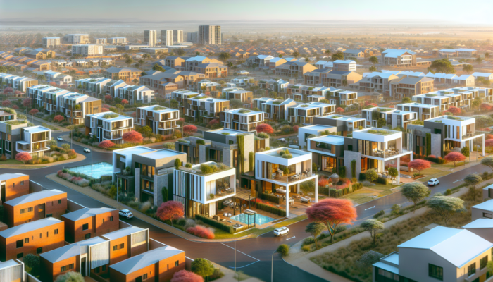 A vibrant street in Makhanda, South Africa, with modern apartments, affordable townhouses, and spacious detached homes with gardens.