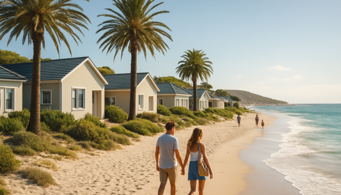 Sunlit South African coastline with affordable modern homes, palm trees, and first-time buyers exploring beaches.