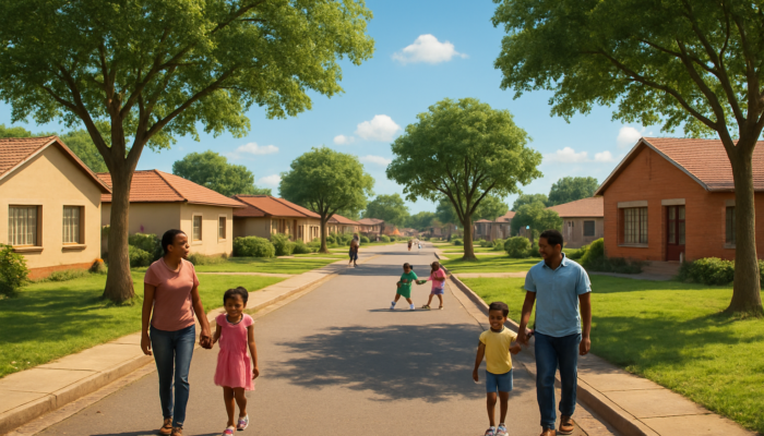 Vibrant Thohoyandou neighborhood: Families strolling tree-lined streets, children playing in lush parks under sunny skies.