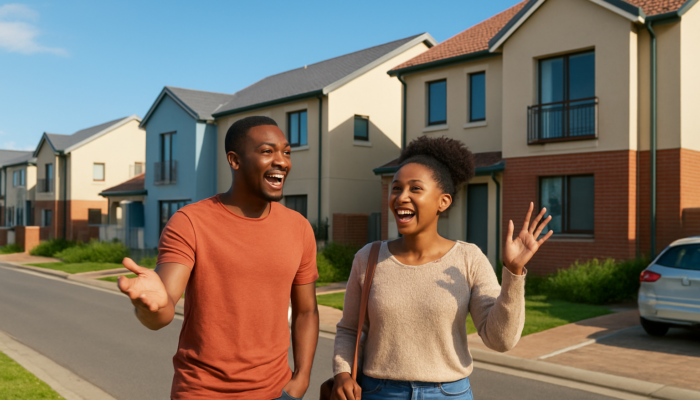 Vibrant Boksburg street with modern affordable apartments, excited first-time buyers viewing under clear blue sky.