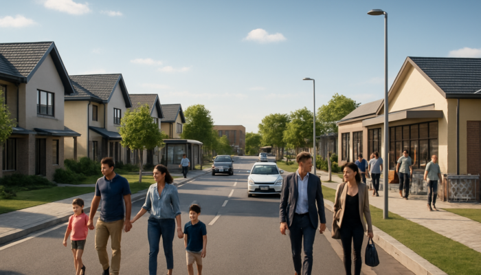 Bustling Boksburg street with modern homes, families walking near schools, supermarkets, and transport hubs.