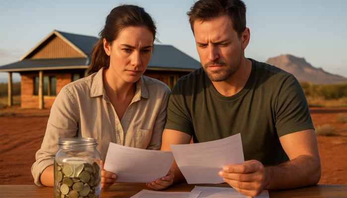 Determined couple in Kimberley's outback reviewing credit reports with sturdy home and overflowing savings jar.