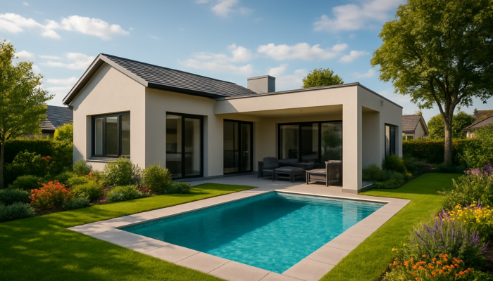 Modern family home in Benoni, South Africa, with sleek design, lush gardens, and swimming pool.