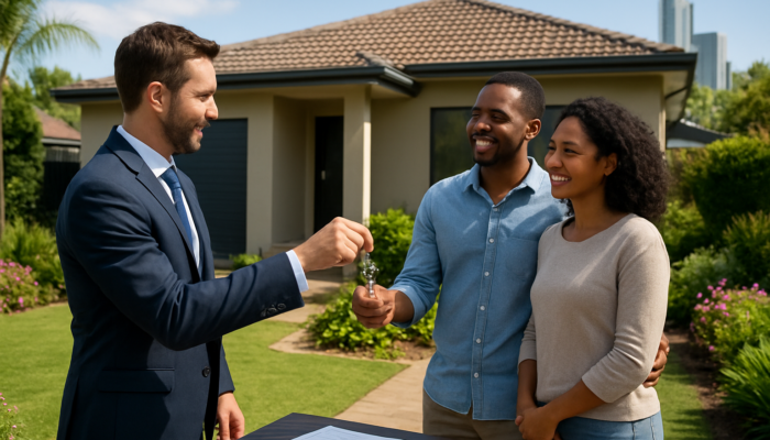 Real estate agent handing keys to smiling couple at modern Benoni home with gardens and skyline.
