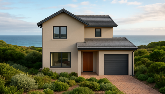 Modern two-story home in Mossel Bay with ocean views, lush greenery, and family-friendly design.