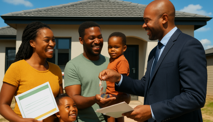 Diverse South African family in Gauteng celebrates receiving house keys and subsidies from official.