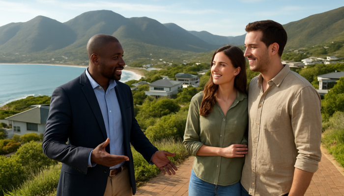 Estate agent guiding first-time buyer through scenic Garden Route property with lush mountains and coastal views.
