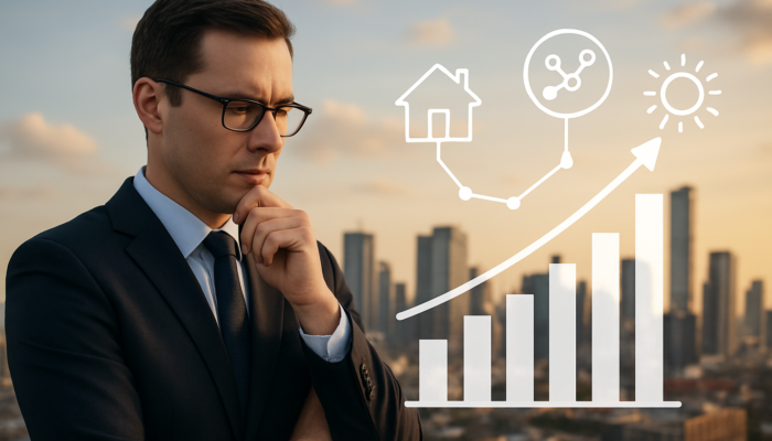 Analyst examining rising property graphs with house, supply, and seasonal icons over city skyline.