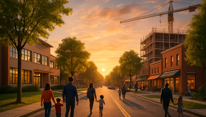 Vibrant sunset street scene: families strolling by modern school, tree-lined parks, bustling shops, and construction.