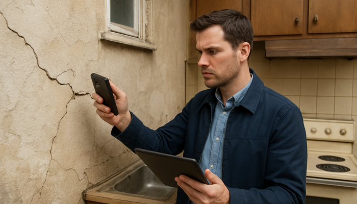 Buyer inspects weathered house, photographing cracked walls and dated kitchen while reviewing market charts on tablet.