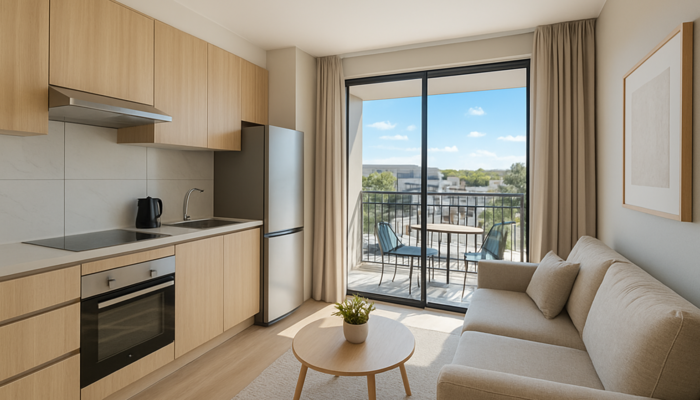 Modern apartment in Springs, South Africa, with open-plan living, sleek kitchen, and sunny balcony view.