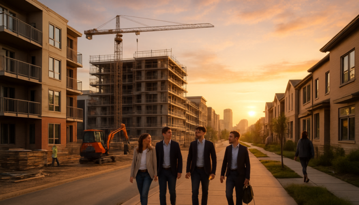 Vibrant Springs cityscape at dawn: modern apartments and townhouses under construction, with young professionals exploring.