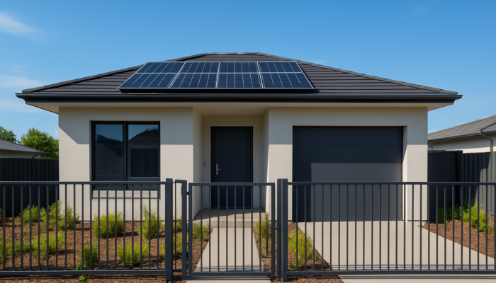 Modern home in Springs with solar panels, secure fencing, and contemporary design in sunny suburb.