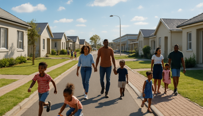 Vibrant South End street in Port Elizabeth with modern homes, families walking, and children playing under sunny sky.