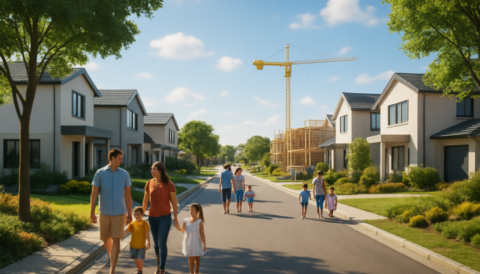 Vibrant Port Elizabeth suburbs: Modern homes in Kwelera Park, families strolling tree-lined streets under sunny skies.
