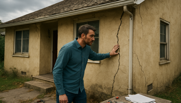 Wary homebuyer inspects dilapidated entry-level house with cracks, leaky roof, and scattered tools.
