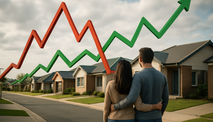 First-time buyers in Pretoria viewing affordable homes under oversized interest rate graphs, symbolizing SARB's mortgage impact.